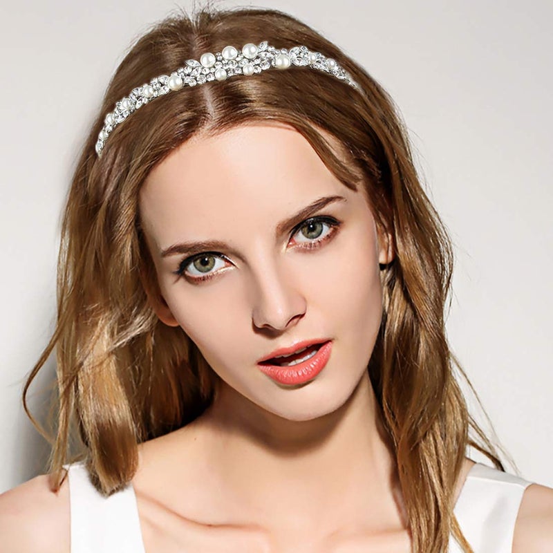 EVER FAITH Bridal Headpiece Accessory Crystal Cream Simulated Pearl Wedding Headband Clear Silver-Tone - Image 2